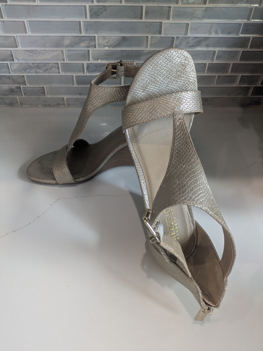 Kenneth Cole Reaction Metallic Taupe Textured Wedge Sandals
